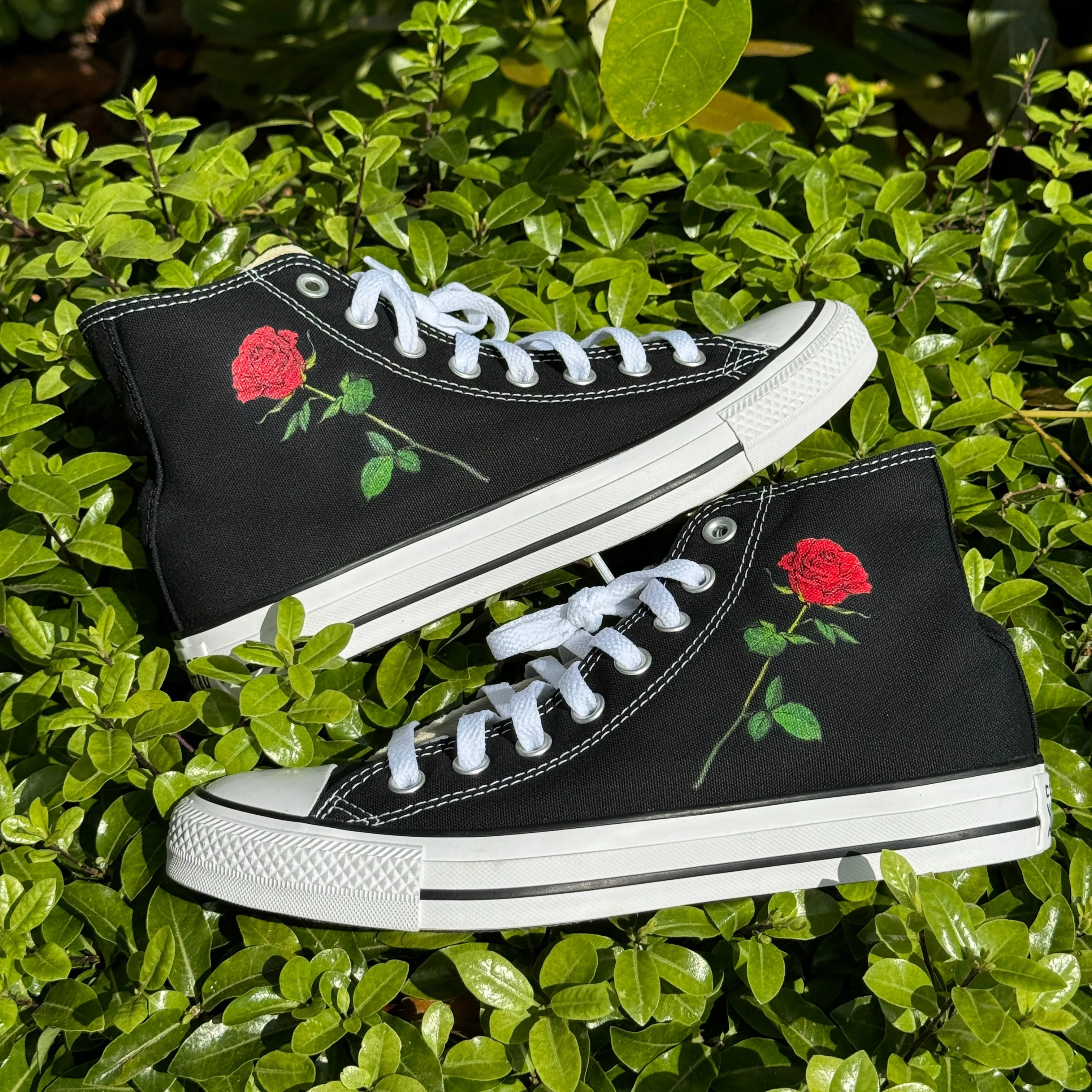 Single Rose on Black High Top Converse