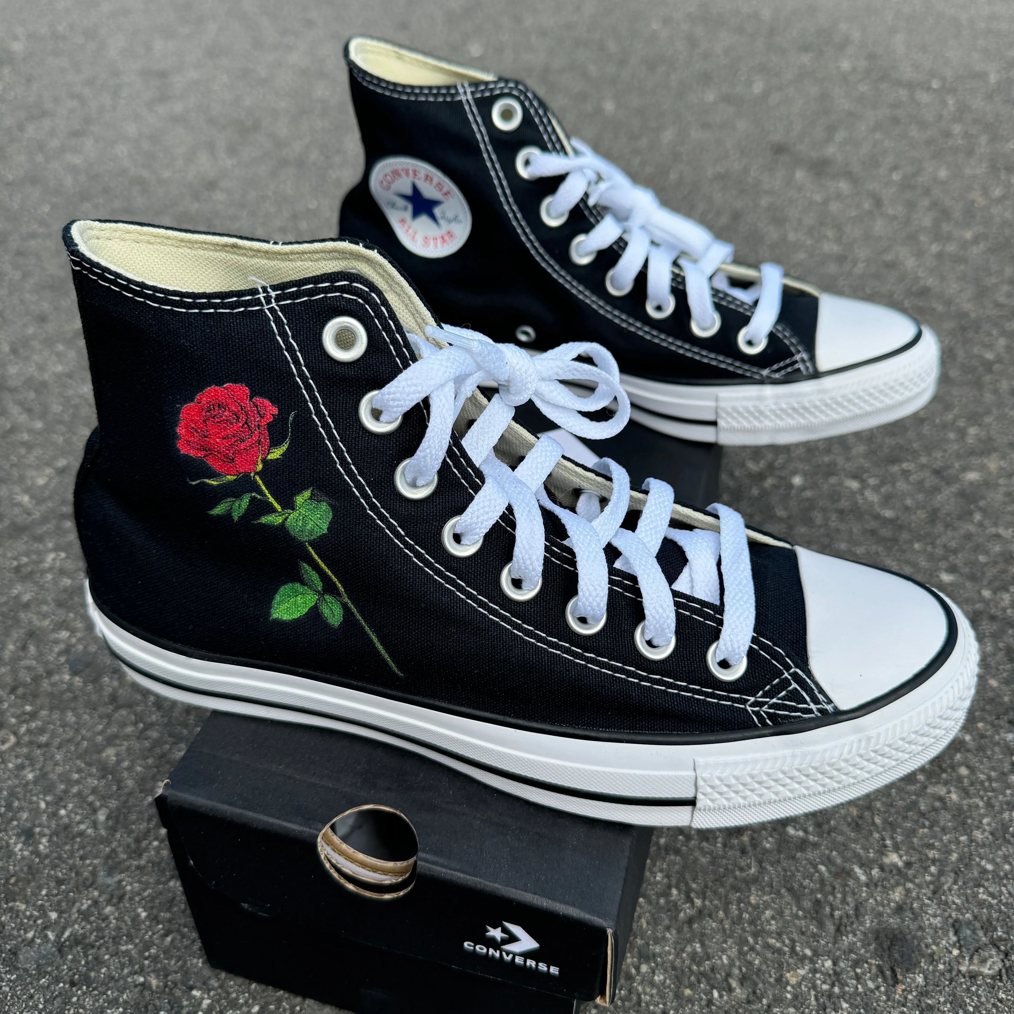 Single Rose on Black High Top Converse