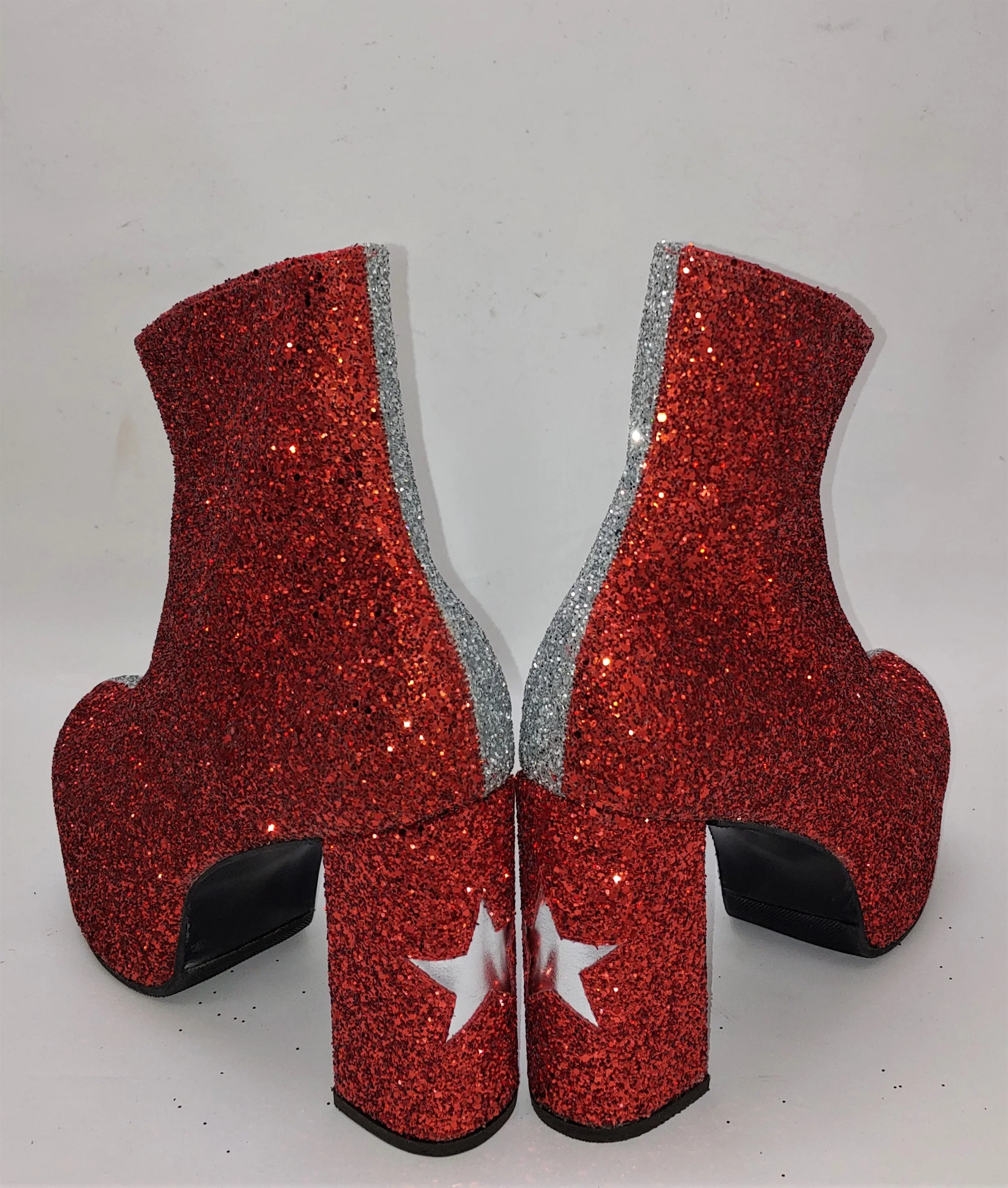 STARDUST "Harlequin" Platform Ankle Boots in Red & Silver Glitter