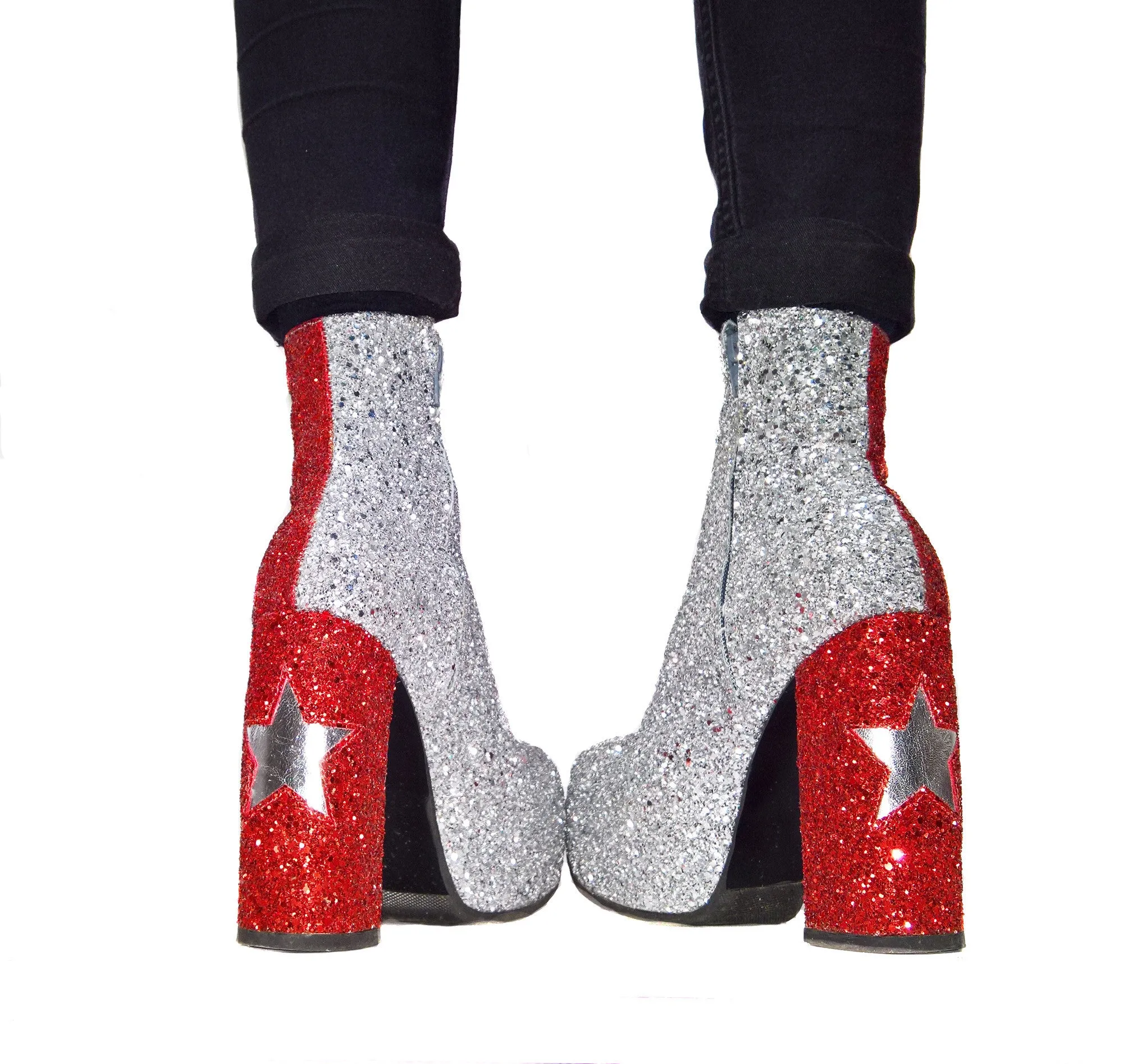 STARDUST "Harlequin" Platform Ankle Boots in Red & Silver Glitter