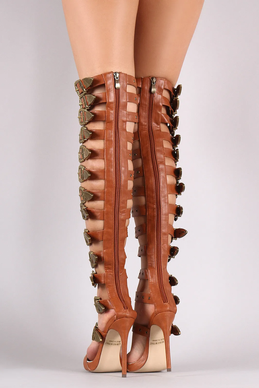 Strappy Buckled Grommets Thigh High Gladiator Heel