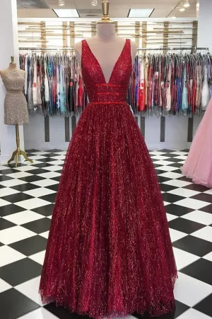 Stunning Red V Neck Sleeveless Prom Dresses Floor Length A Line Formal Party Dress  AHC545