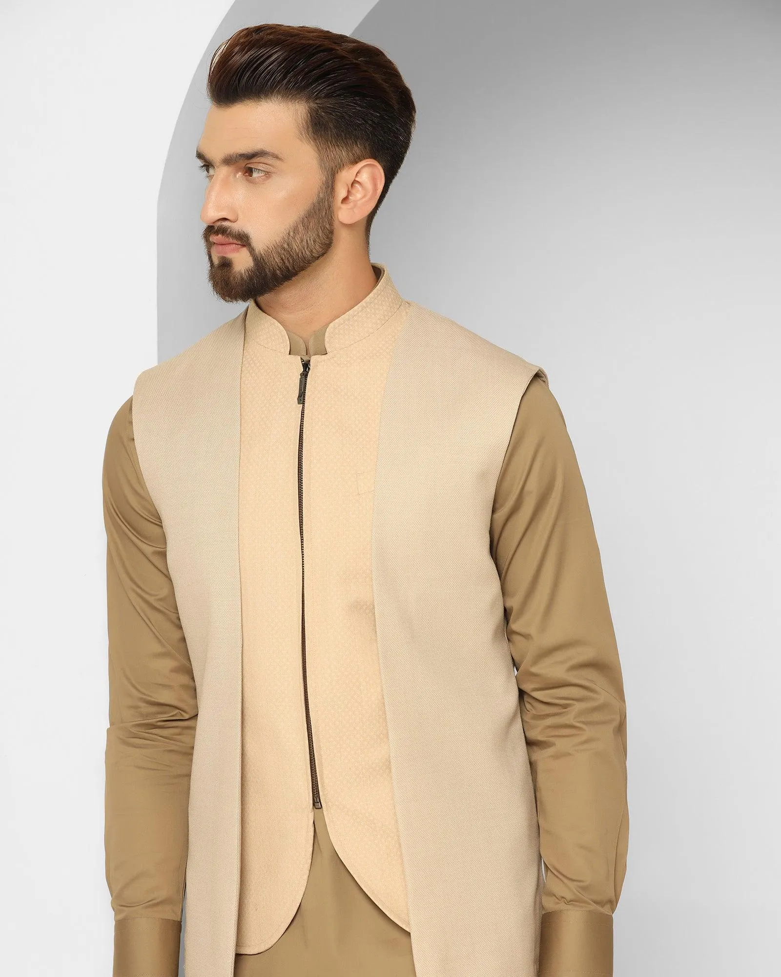 Swarn Multitude 6X Beige Textured Achkan Set - Cosmo