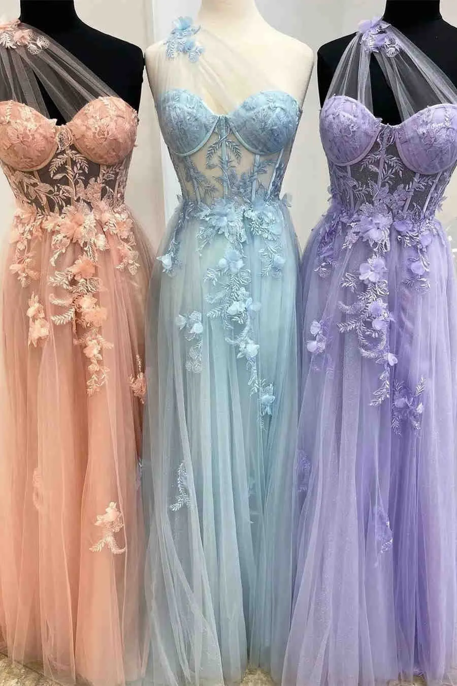 Sweetheart One Shoulder Lavender Prom Dress with Flowers,Split Graduation Dresses