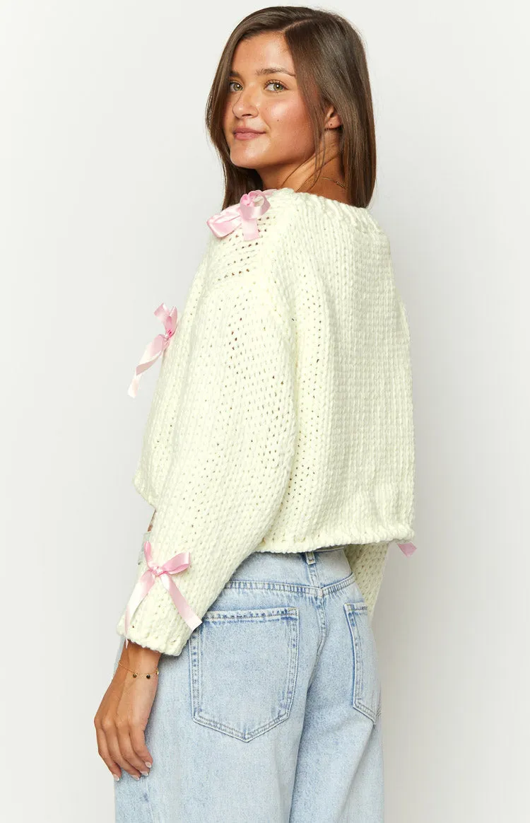 Sweetheart Stitch Bow White Sweater