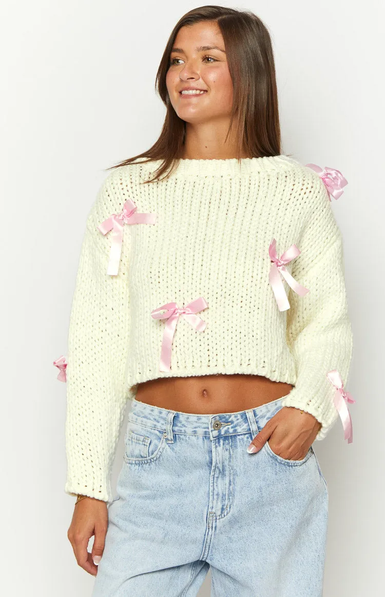 Sweetheart Stitch Bow White Sweater