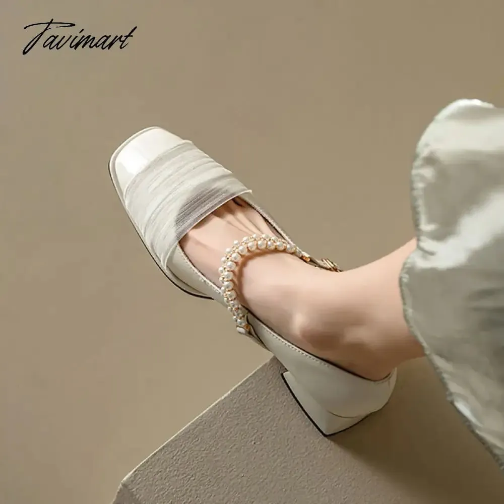 TAVIMART New Women's Designer Shoes Lace Pearls Wedding Mary Janes Shoes Square Toe Pumps White Patent Leather Shoes Zapatos Mujer 1301N