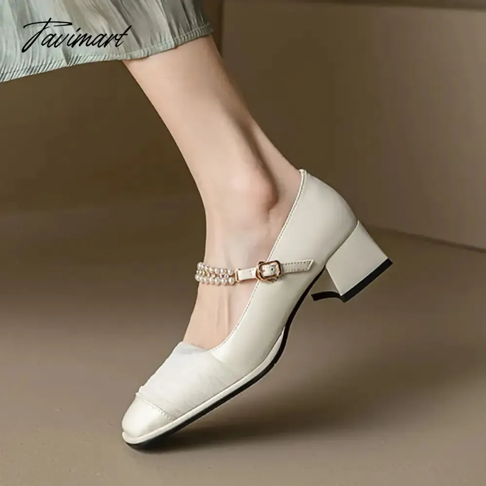 TAVIMART New Women's Designer Shoes Lace Pearls Wedding Mary Janes Shoes Square Toe Pumps White Patent Leather Shoes Zapatos Mujer 1301N