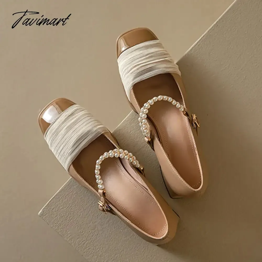 TAVIMART New Women's Designer Shoes Lace Pearls Wedding Mary Janes Shoes Square Toe Pumps White Patent Leather Shoes Zapatos Mujer 1301N