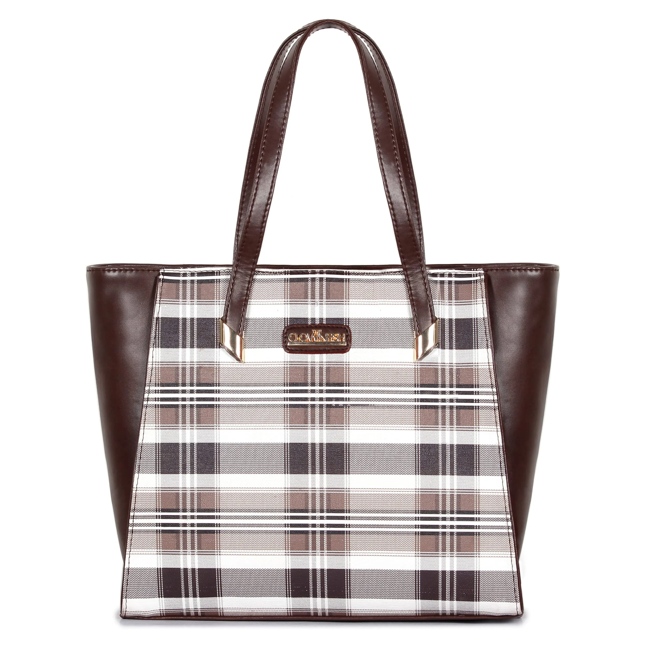 THE CLOWNFISH Agnes Handbag for Women Office Bag Ladies Shoulder Bag Tote For Women College Girls-Checks Design (Dark Brown)