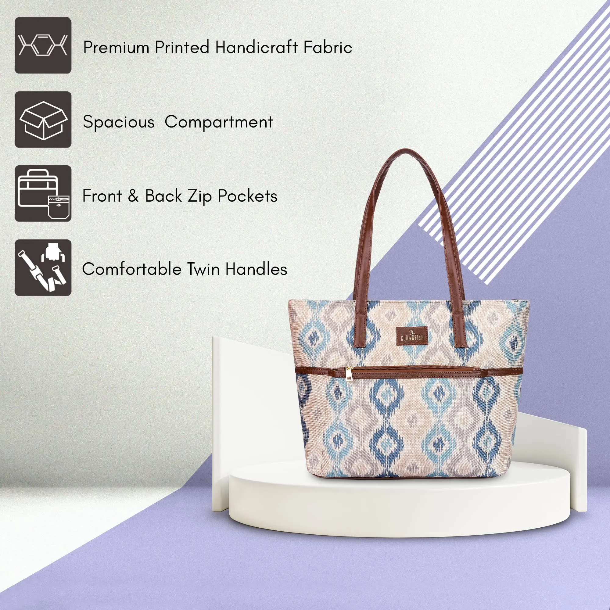 THE CLOWNFISH Concetta Printed Handicraft Fabric & Faux Leather Handbag for Women Office Bag Ladies Shoulder Bag Tote For Women College Girls (Pearl with Patola Design)