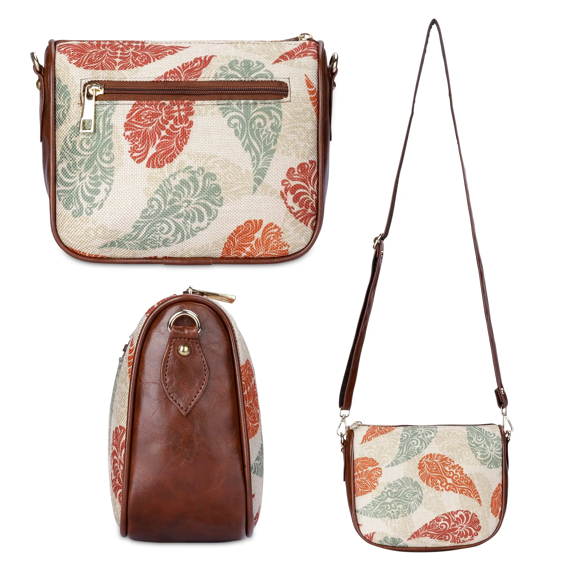 THE CLOWNFISH Garnet Series Printed Handicraft Fabric & Tapestry Crossbody Sling Bag for Women Ladies Single Shoulder Bag Shoulder Belt (Cream-Mango Design)