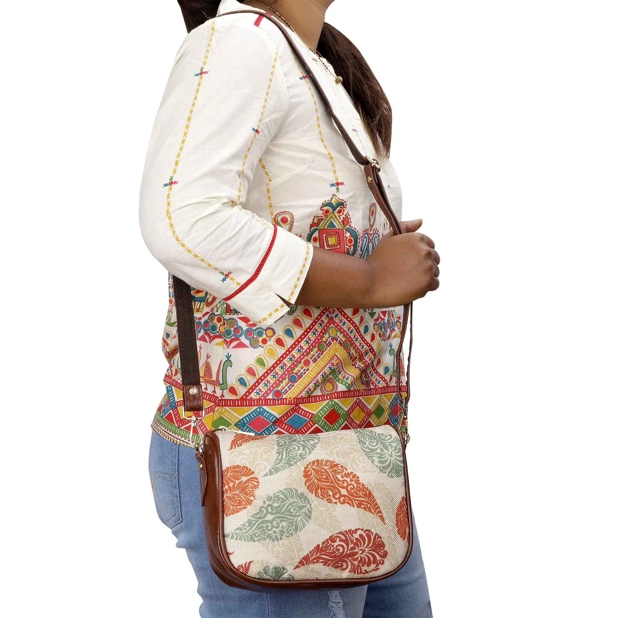 THE CLOWNFISH Garnet Series Printed Handicraft Fabric & Tapestry Crossbody Sling Bag for Women Ladies Single Shoulder Bag Shoulder Belt (Cream-Mango Design)