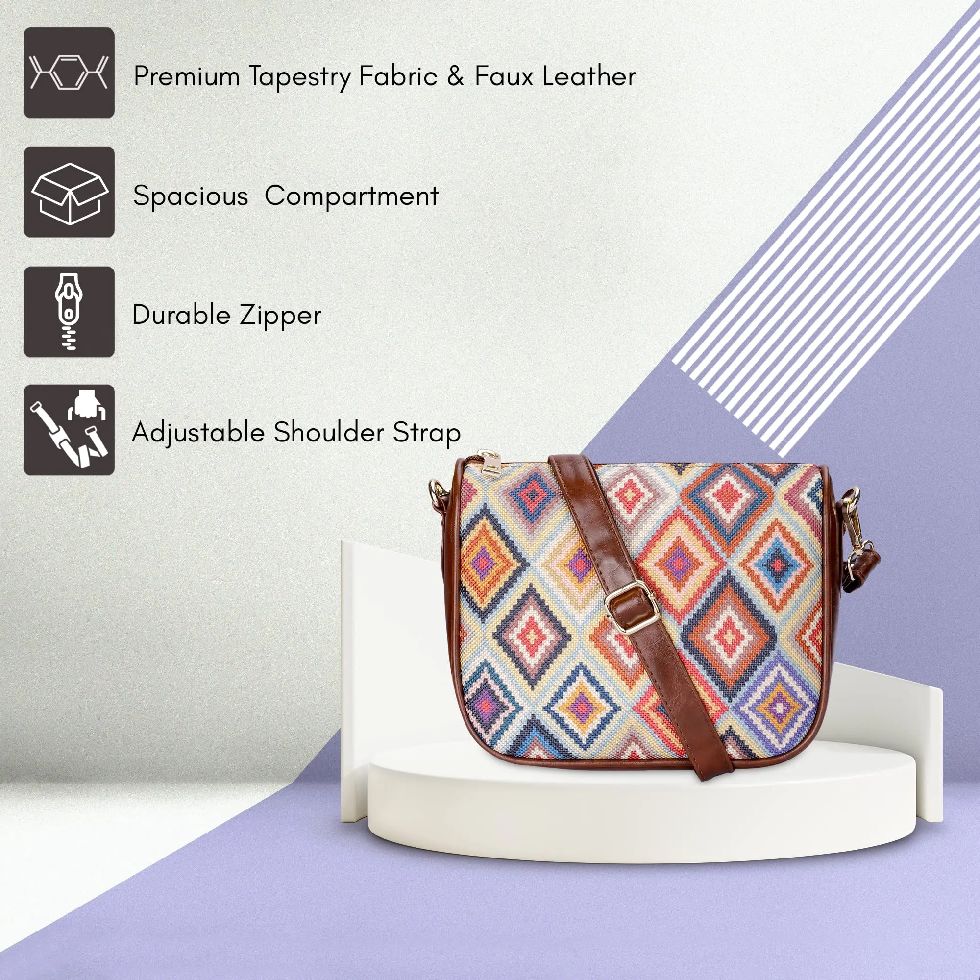 THE CLOWNFISH Garnet Series Printed Handicraft Fabric & Tapestry Crossbody Sling Bag for Women Ladies Single Shoulder Bag Shoulder Belt (Multicolour-Diamond)