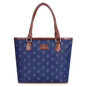 THE CLOWNFISH Justina Tapestry Fabric & Faux Leather Handbag for Women Office Bag Ladies Shoulder Bag Tote For Women College Girls (Denim Blue)