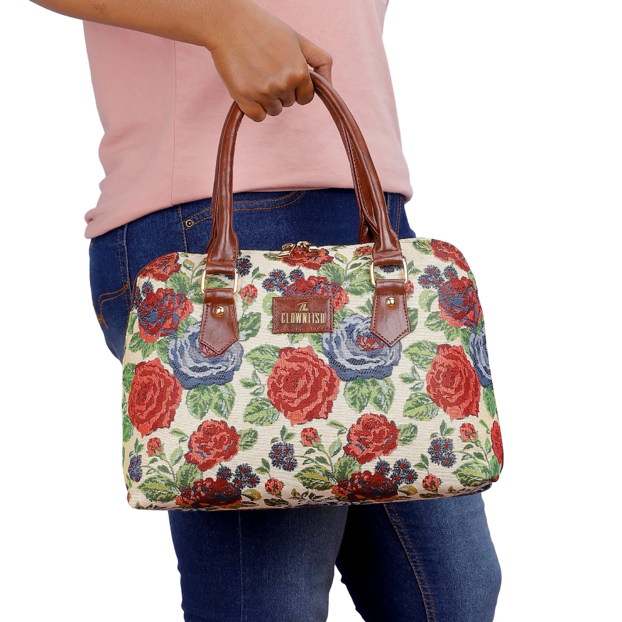 The Clownfish Montana Series Handbag for Women Office Bag Ladies Purse Shoulder Bag Tote for Women College Girls (Red-Floral)