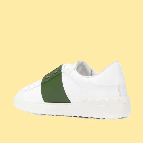 Valentino Rock Stud Open Leather Sneakers - White/Olive