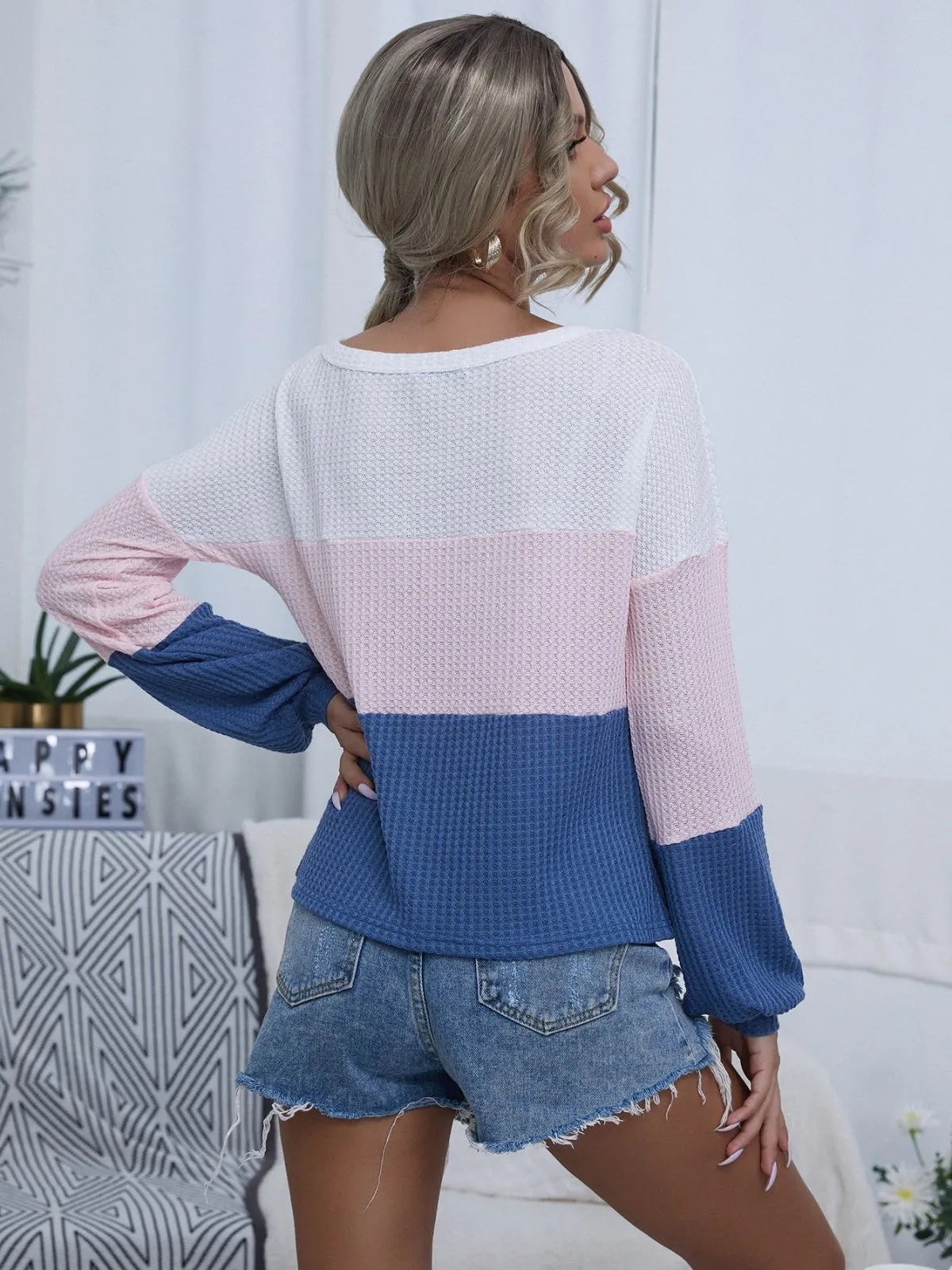 Waffle Knit Color Block Top