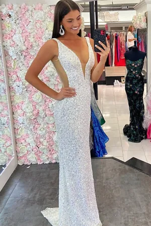 White Sequin V-Neck Mermaid Long Formal Dress,Sparkly Prom Dresses