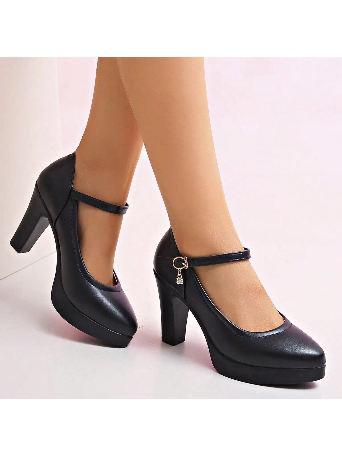 Women's Black Pointed-toe Chunky High Heel Shoes For Modeling, Cheongsam Show, Work