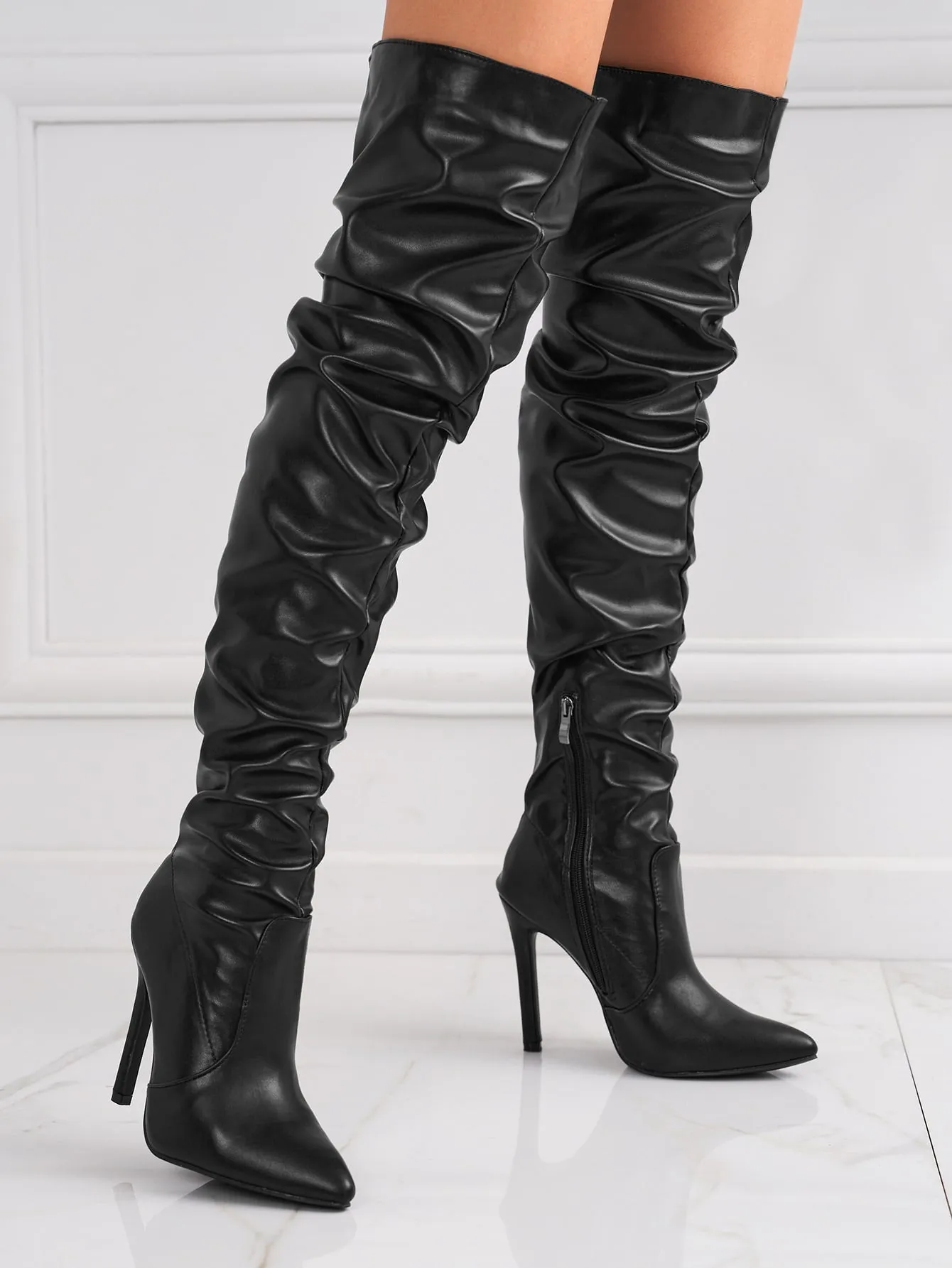 Women's High Heeled Black Solid Color Ruffled Boots