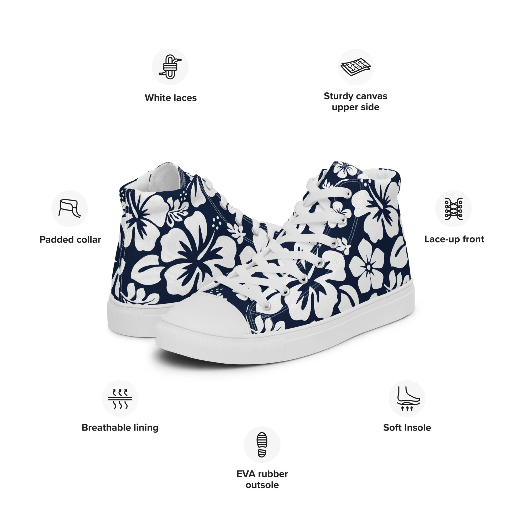 Women's Navy Blue and White Hawaiian Print High Top Canvas Shoes