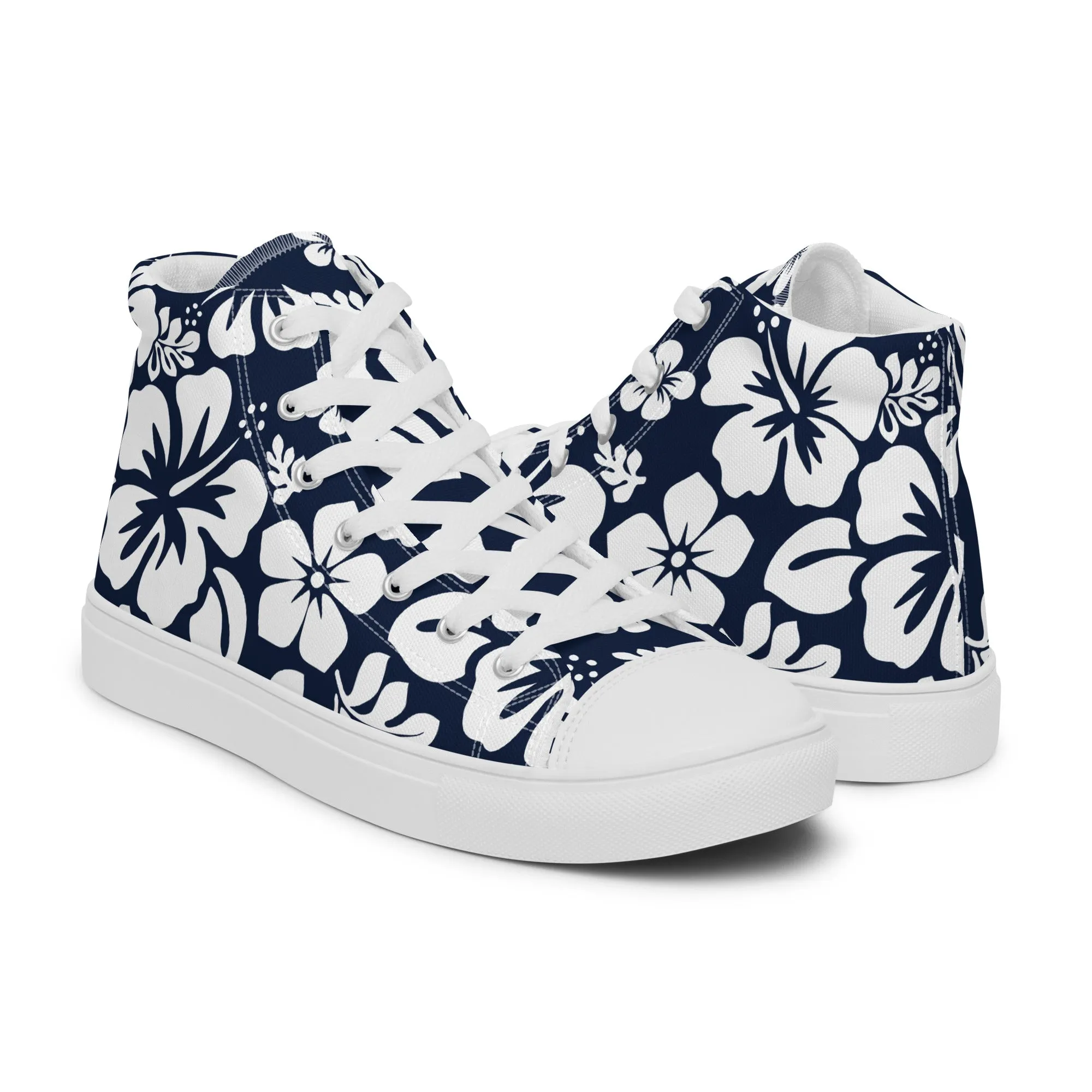 Women's Navy Blue and White Hawaiian Print High Top Canvas Shoes