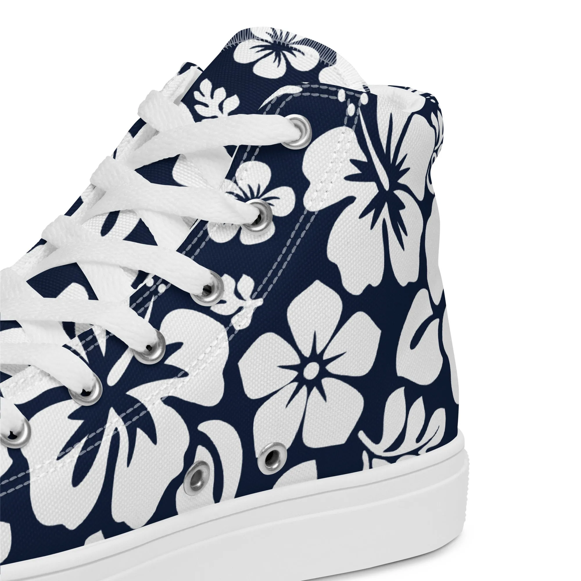 Women's Navy Blue and White Hawaiian Print High Top Canvas Shoes