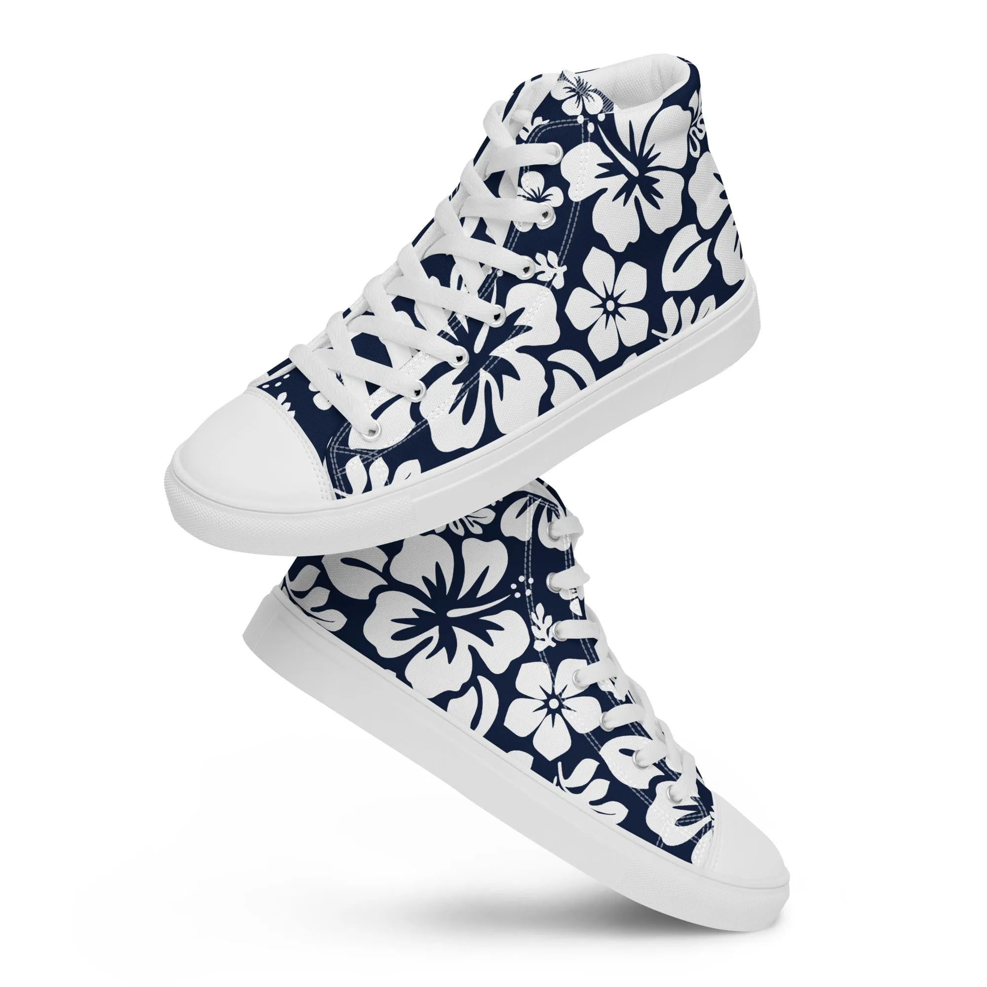 Women's Navy Blue and White Hawaiian Print High Top Canvas Shoes