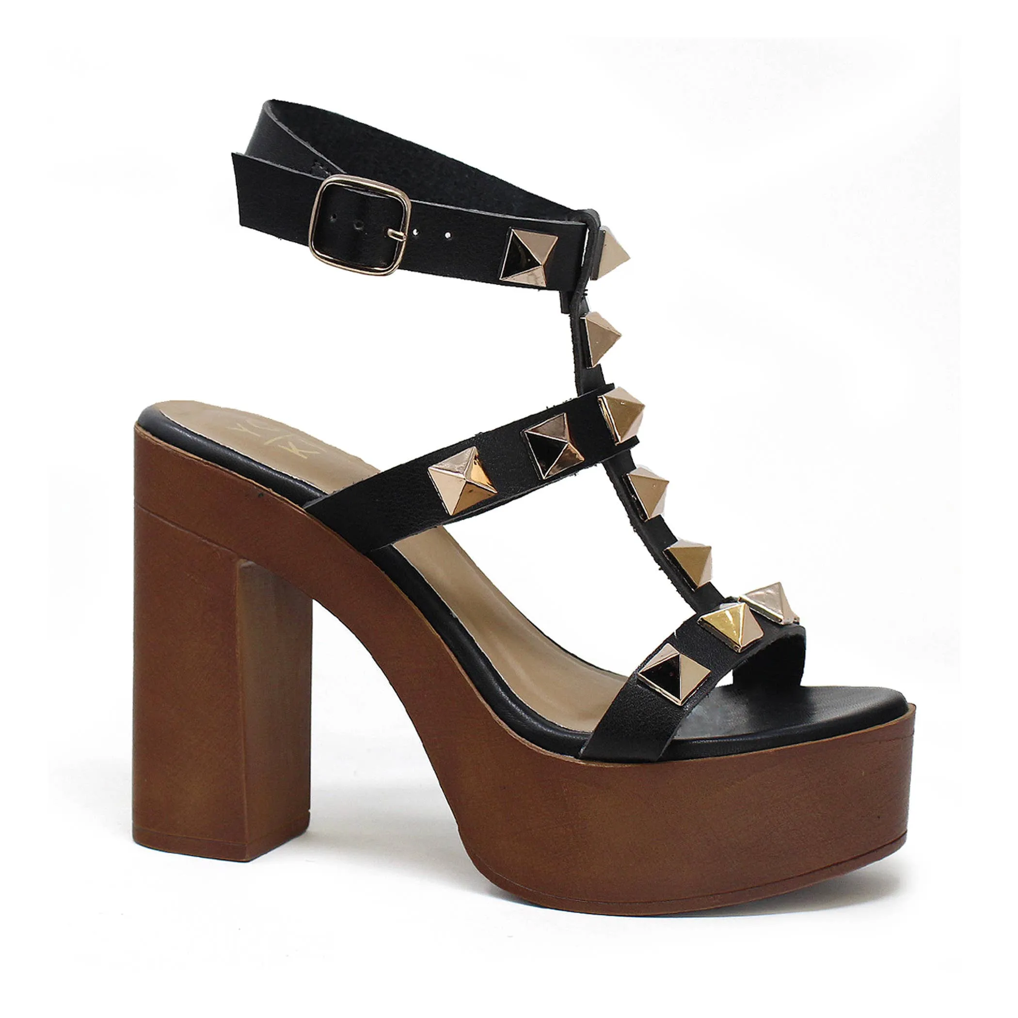 Yoki LOUISE Women's Wooden Heel Studded Buckle heel Sandals