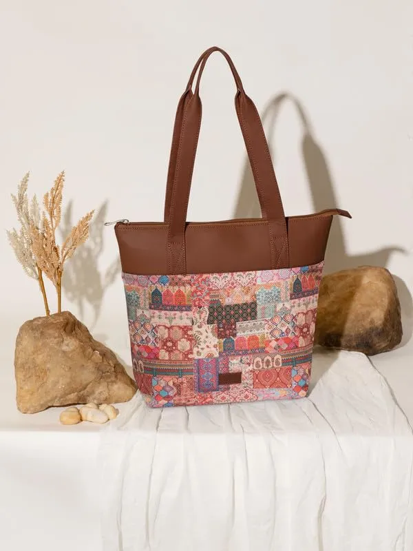 ZOUK Kutch Gamthi Abstract Printed Women's Jute Handcrafted Vegan Leather Multicolor Everyday Tote